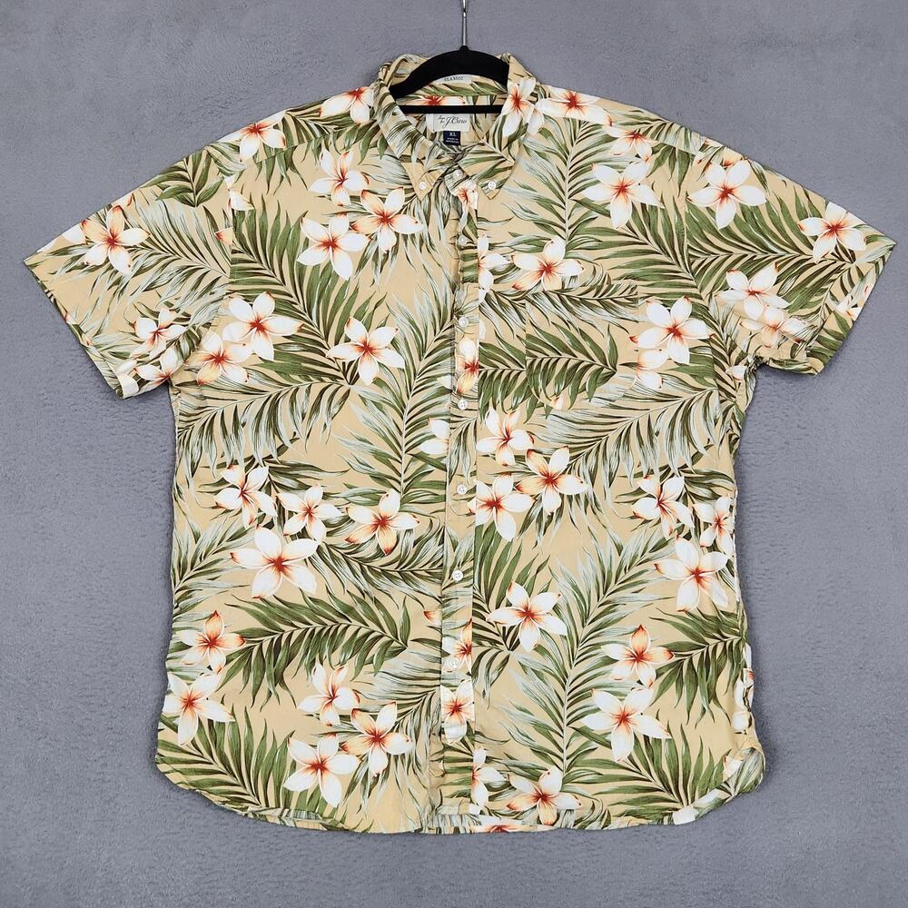 J CREW Shirt Mens XL Beige Floral Hawaiian 100% Cotton Classic Fit Button Up